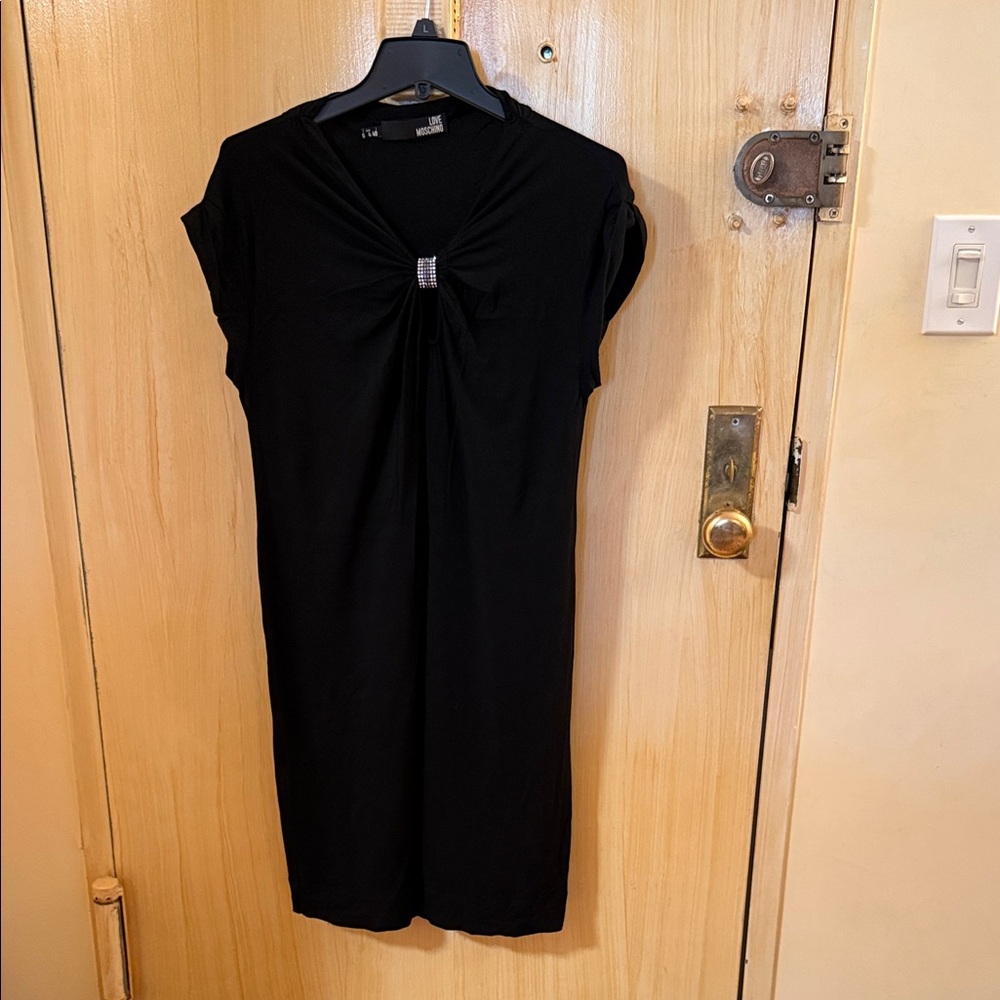 Moschino Black Midi Dress with Center Knot and Rhinestone Detail